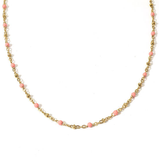 Bild von 1 Strang Vakuumbeschichtung 304 Edelstahl Handgefertigte Gliederkette Halskette Vergoldet Rosa Emaille 45cm lang, Kettengröße: 3mm