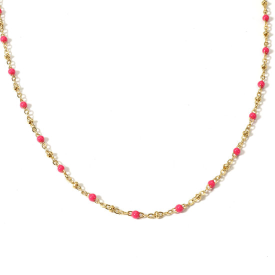 Picture of 1 Piece 304 Stainless Steel Handmade Link Chain Necklace For DIY Jewelry Making Gold Plated Fuchsia Enamel 45cm(17 6/8") long, Chain Size: 3mm