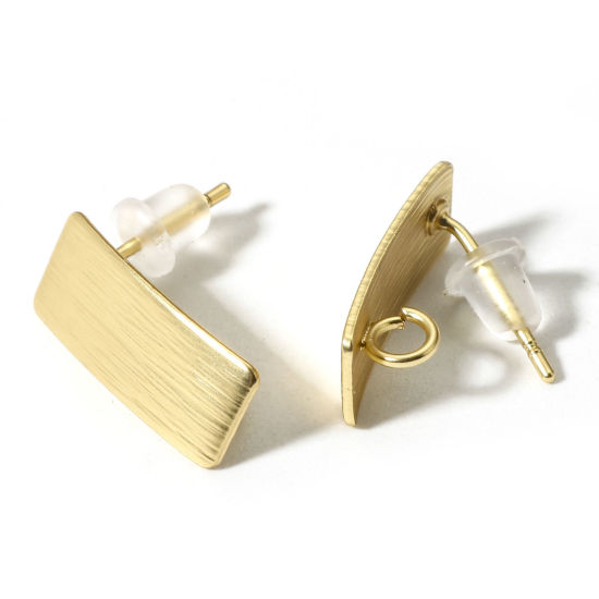 Picture of 2 PCs Zinc Based Alloy Ear Post Stud Earrings Findings Rectangle Matt Gold With Loop 16mm x 7mm, Post/ Wire Size: (19 gauge)