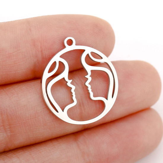 Immagine di 1 Pz 304 Acciaio Inossidabile Charms Tondo Tono Argento Costellazione Gemelli Filigrana 22mm x 20mm