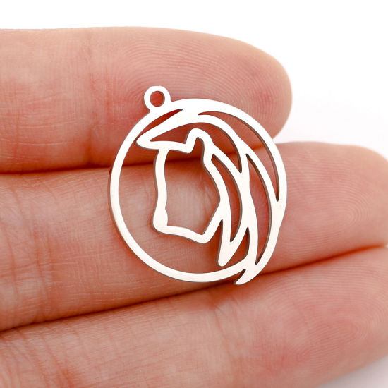 Immagine di 1 Pz 304 Acciaio Inossidabile Charms Tondo Tono Argento Costellazione Leone Filigrana 22mm x 20mm