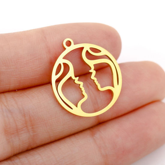 Immagine di 1 Pz 304 Acciaio Inossidabile Charms Tondo Oro Placcato Costellazione Gemelli Filigrana 22mm x 20mm