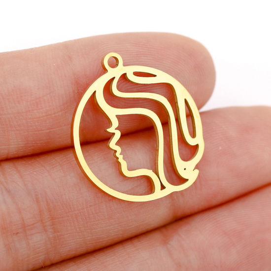 Immagine di 1 Pz 304 Acciaio Inossidabile Charms Tondo Oro Placcato Costellazione Capricorno Filigrana 22mm x 20mm