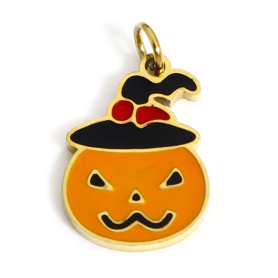 Image de 1 Pièce Breloques en 304 Acier Inoxydable Placage sous Vide Halloween Citrouille Plaqué Or 18K Orange Émail 18mm x 10mm