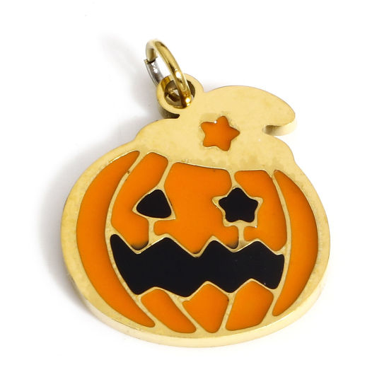 Image de 1 Pièce Breloques en 304 Acier Inoxydable Placage sous Vide Halloween Citrouille Plaqué Or 18K Orange Émail 18mm x 14mm