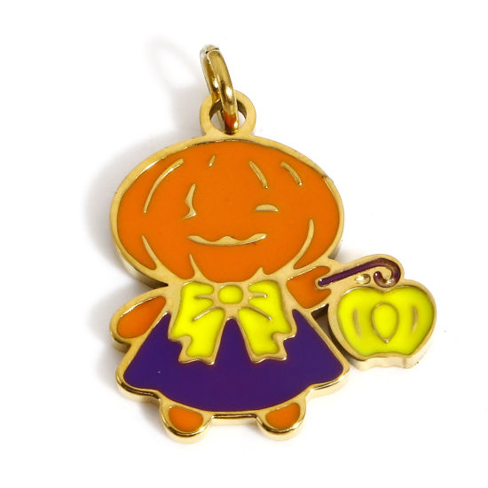 Image de 1 Pièce Breloques en 304 Acier Inoxydable Placage sous Vide Halloween Citrouille Plaqué Or 18K Orange Émail 19mm x 14mm