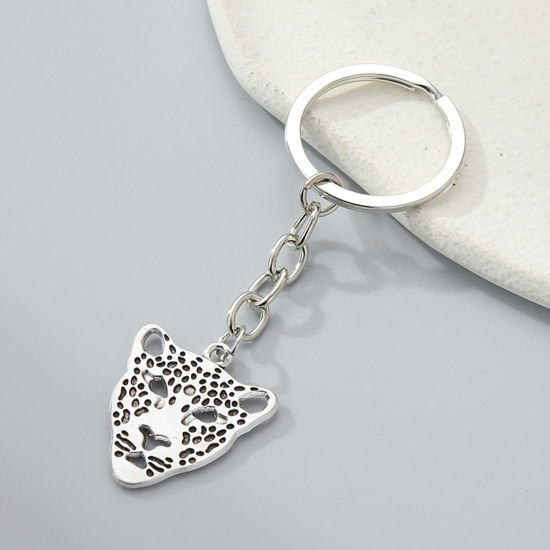 Picture of 1 Piece Cute Keychain & Keyring Antique Silver Color Leopard 7cm