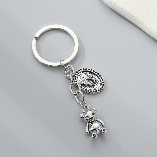 Picture of 1 Piece Cute Keychain & Keyring Antique Silver Color Bear Animal Oval 7cm