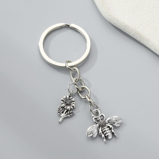 Picture of 1 Piece Cute Keychain & Keyring Antique Silver Color Bee Animal 7cm
