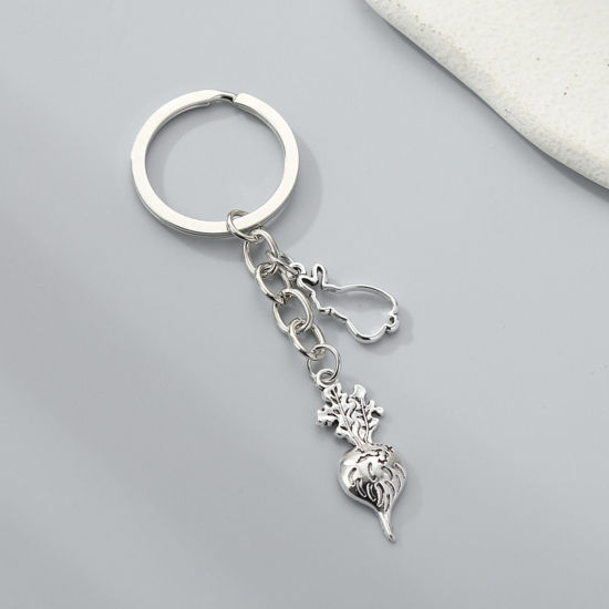 Picture of 1 Piece Cute Keychain & Keyring Antique Silver Color Rabbit Animal Radish 7cm