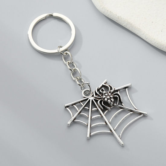 Picture of 1 Piece Cute Keychain & Keyring Antique Silver Color Halloween Cobweb 7cm