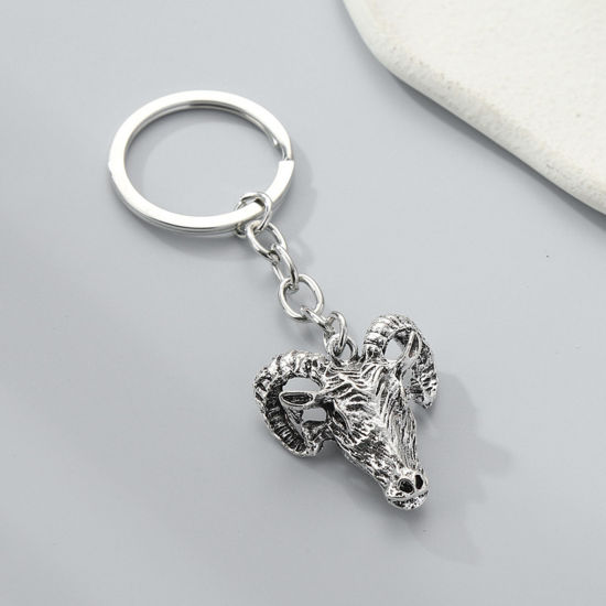 Picture of 1 Piece Cute Keychain & Keyring Antique Silver Color Bull Head/ Cow Head 7cm
