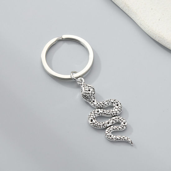 Picture of 1 Piece Cute Keychain & Keyring Antique Silver Color Snake Animal 7cm