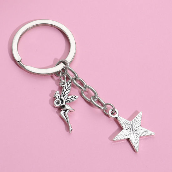 Picture of 1 Piece Retro Keychain & Keyring Antique Silver Color Angel Pentagram Star 7cm