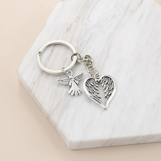 Picture of 1 Piece Retro Keychain & Keyring Antique Silver Color Broken Heart Angel 7cm