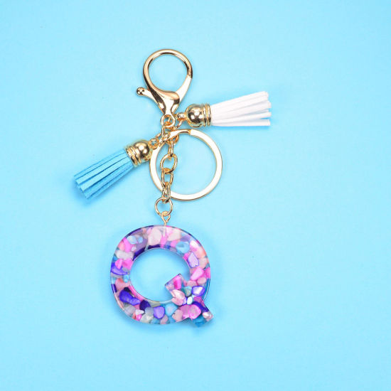 Image de 1 Pièce Porte-Clés Élégant en Résine Doré Mauve Franges Pompons Glands Alphabet Initial/ Lettre Majuscule Mots" Q " 10cm