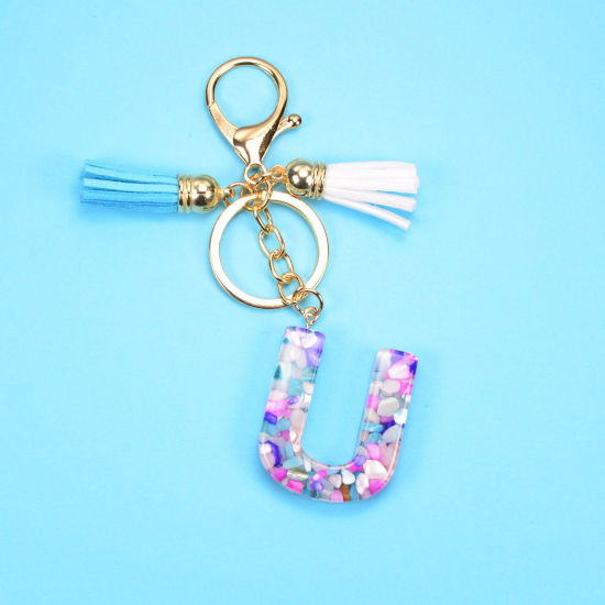 Image de 1 Pièce Porte-Clés Élégant en Résine Doré Mauve Franges Pompons Glands Alphabet Initial/ Lettre Majuscule Mots" U " 10cm
