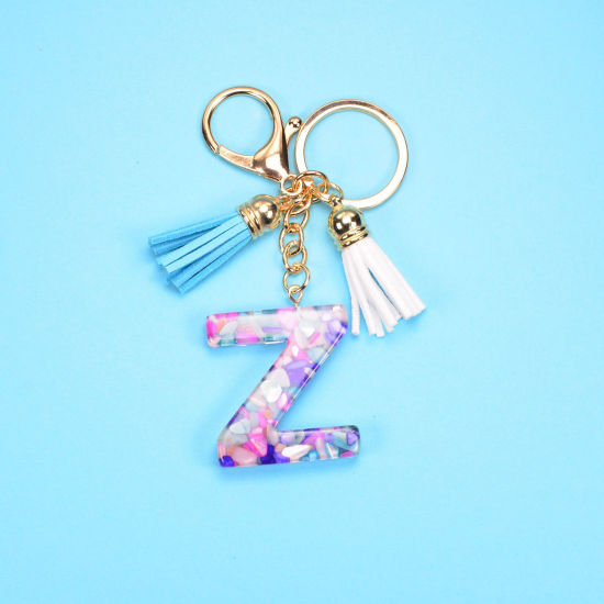 Image de 1 Pièce Porte-Clés Élégant en Résine Doré Mauve Franges Pompons Glands Alphabet Initial/ Lettre Majuscule Mots" Z " 10cm
