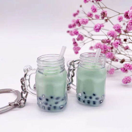 Picture of 1 Piece Acrylic Keychain & Keyring Silver Tone Light Green Milk Bottle Cup Mini Simulation 4.2cm x 1.9cm