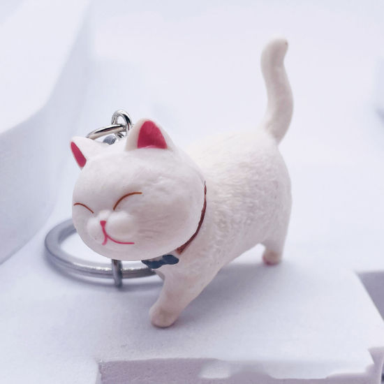 Immagine di 1 Piece Vinyl Cute Keychain & Keyring Silver Tone White Cat Animal 4.5cm x 2cm