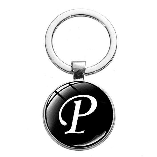 Picture of 1 Piece Simple Keychain & Keyring Silver Tone Round Initial Alphabet/ Capital Letter Message " P " 5.3cm