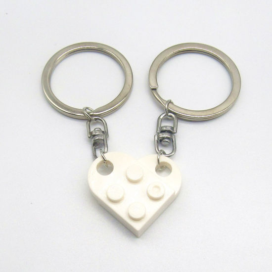 Picture of 1 Set ( 2 PCs/Set) ABS Splicing Keychain & Keyring Silver Tone White Heart Building Blocks 2.7cm x 2.5cm