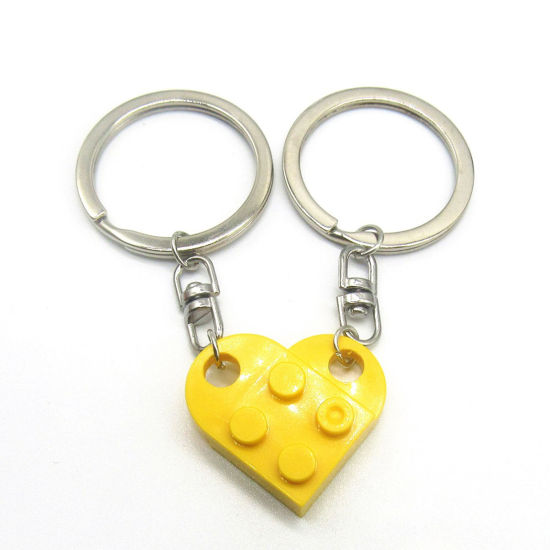Picture of 1 Set ( 2 PCs/Set) ABS Splicing Keychain & Keyring Silver Tone Yellow Heart Building Blocks 2.7cm x 2.5cm
