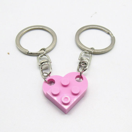 Picture of 1 Set ( 2 PCs/Set) ABS Splicing Keychain & Keyring Silver Tone Pink Heart Building Blocks 2.7cm x 2.5cm