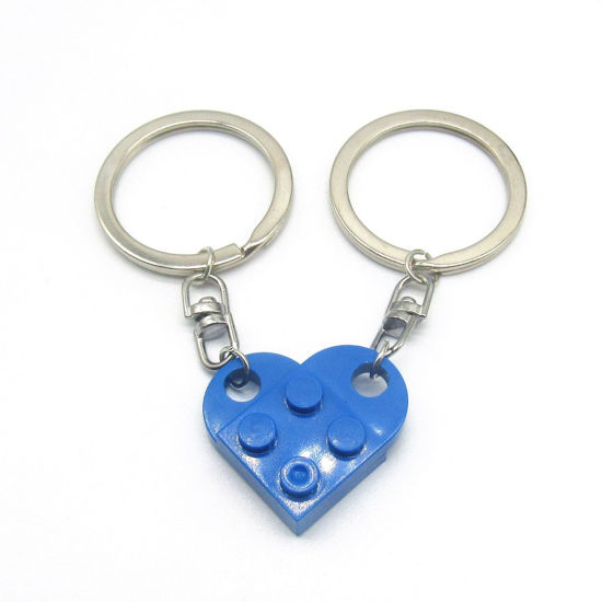 Picture of 1 Set ( 2 PCs/Set) ABS Splicing Keychain & Keyring Silver Tone Blue Heart Building Blocks 2.7cm x 2.5cm