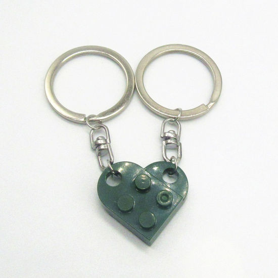 Picture of 1 Set ( 2 PCs/Set) ABS Splicing Keychain & Keyring Silver Tone Green Heart Building Blocks 2.7cm x 2.5cm
