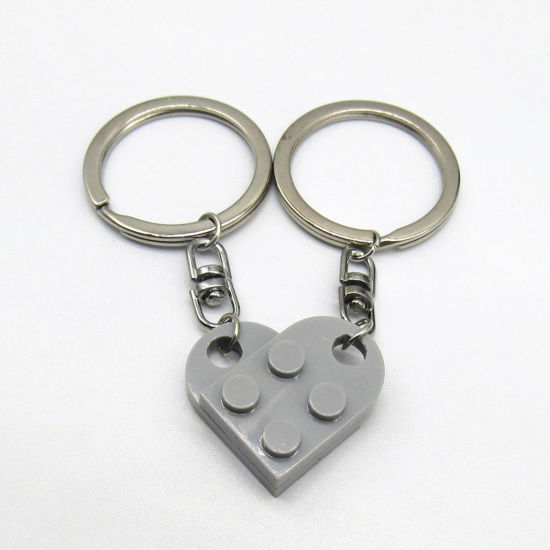 Picture of 1 Set ( 2 PCs/Set) ABS Splicing Keychain & Keyring Silver Tone Gray Heart Building Blocks 2.7cm x 2.5cm