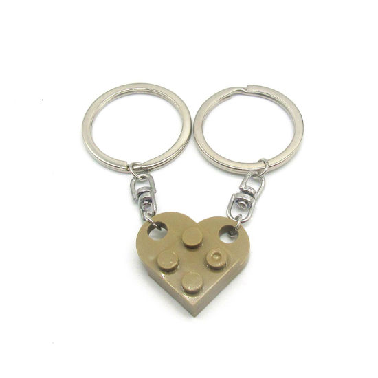Picture of 1 Set ( 2 PCs/Set) ABS Splicing Keychain & Keyring Silver Tone Brown Heart Building Blocks 2.7cm x 2.5cm