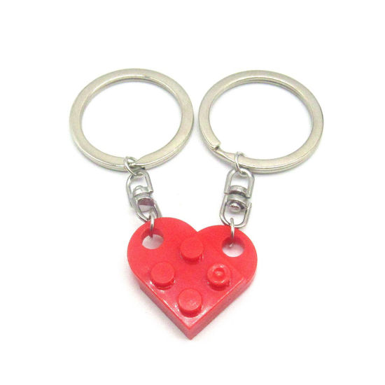 Picture of 1 Set ( 2 PCs/Set) ABS Splicing Keychain & Keyring Silver Tone Red Heart Building Blocks 2.7cm x 2.5cm