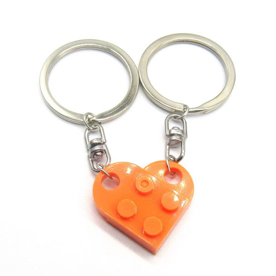 Picture of 1 Set ( 2 PCs/Set) ABS Splicing Keychain & Keyring Silver Tone Orange Heart Building Blocks 2.7cm x 2.5cm