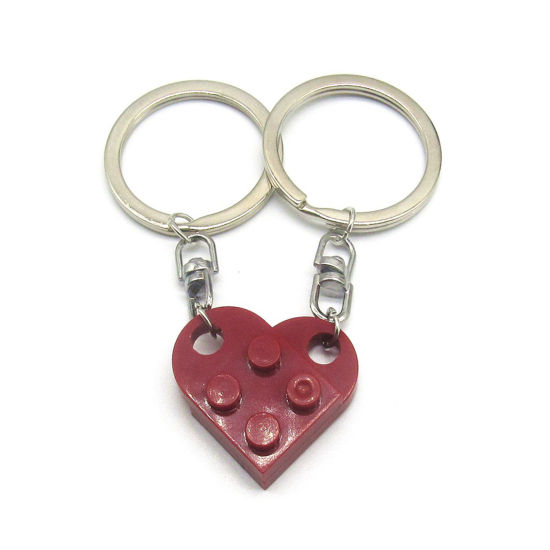 Picture of 1 Set ( 2 PCs/Set) ABS Splicing Keychain & Keyring Silver Tone Dark Red Heart Building Blocks 2.7cm x 2.5cm