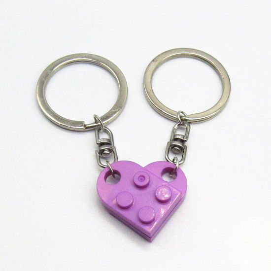 Picture of 1 Set ( 2 PCs/Set) ABS Splicing Keychain & Keyring Silver Tone Purple Heart Building Blocks 2.7cm x 2.5cm