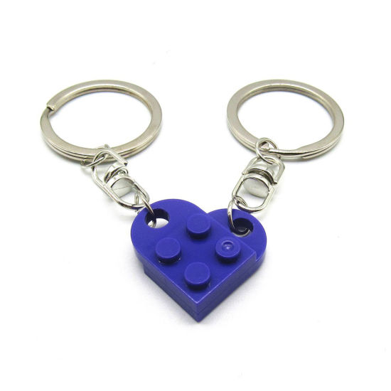 Picture of 1 Set ( 2 PCs/Set) ABS Splicing Keychain & Keyring Silver Tone Royal Blue Heart Building Blocks 2.7cm x 2.5cm