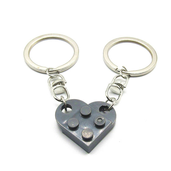 Picture of 1 Set ( 2 PCs/Set) ABS Splicing Keychain & Keyring Silver Tone Dark Gray Heart Building Blocks 2.7cm x 2.5cm