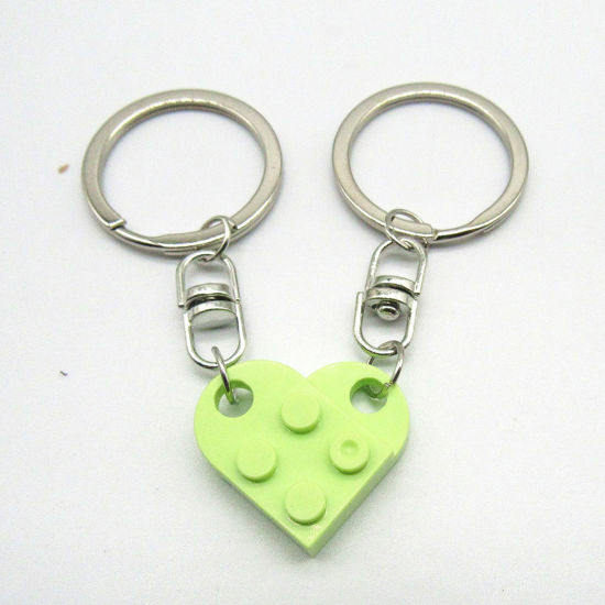 Picture of 1 Set ( 2 PCs/Set) ABS Splicing Keychain & Keyring Silver Tone Fruit Green Heart Building Blocks 2.7cm x 2.5cm