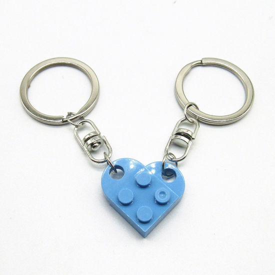 Picture of 1 Set ( 2 PCs/Set) ABS Splicing Keychain & Keyring Silver Tone Skyblue Heart Building Blocks 2.7cm x 2.5cm