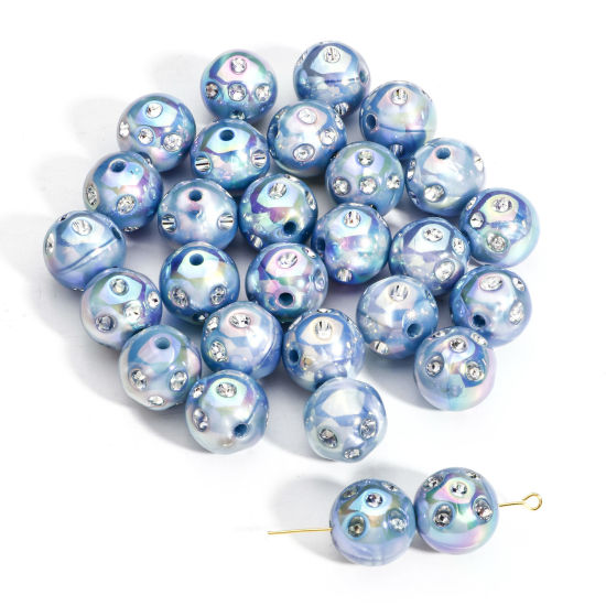 Picture of 10 PCs Acrylic Beads For DIY Charm Jewelry Making Blue AB Rainbow Color Round Clear Rhinestone About 16mm Dia., Hole: Approx 2.4mm