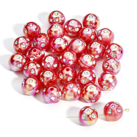 Picture of 10 PCs Acrylic Beads For DIY Charm Jewelry Making Hot Pink AB Rainbow Color Round Clear Rhinestone About 16mm Dia., Hole: Approx 2.4mm