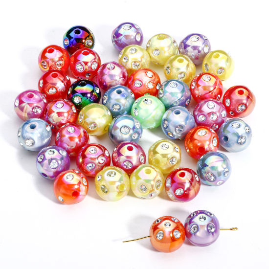 Picture of 10 PCs Acrylic Beads For DIY Charm Jewelry Making At Random Mixed Color AB Rainbow Color Round Clear Rhinestone About 16mm Dia., Hole: Approx 2.4mm
