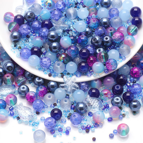 Picture of 1 Set Glass Ocean Jewelry Beads For DIY Jewelry Making Mixed Blue Star Fish About 14x13mm - 2x1.5mm, Hole: Approx 1.4mm-0.5mm