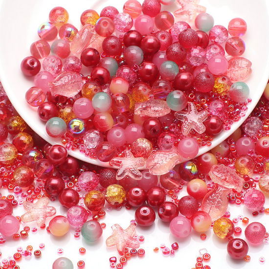 Picture of 1 Set Glass Ocean Jewelry Beads For DIY Charm Jewelry Making Mixed Red Star Fish About 14x13mm - 2x1.5mm, Hole: Approx 1.4mm-0.5mm