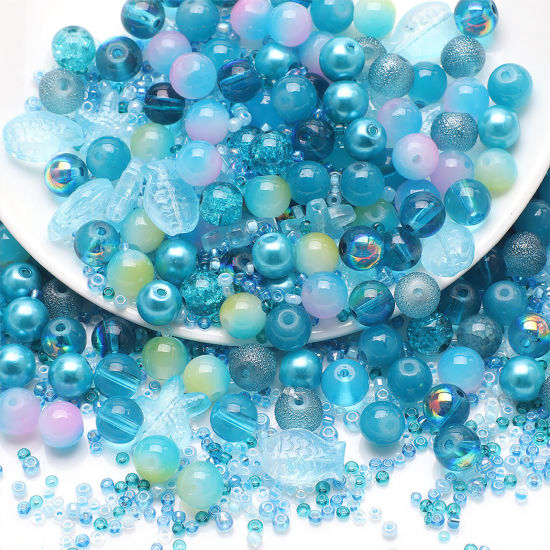 Picture of 1 Set Glass Ocean Jewelry Beads For DIY Charm Jewelry Making Mixed Green Blue Star Fish About 14x13mm - 2x1.5mm, Hole: Approx 1.4mm-0.5mm