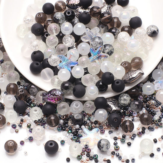 Picture of 1 Set Glass Ocean Jewelry Beads For DIY Jewelry Making Mixed Black & White Star Fish About 14x13mm - 2x1.5mm, Hole: Approx 1.4mm-0.5mm