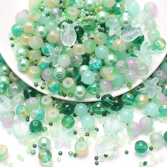 Picture of 1 Set Glass Ocean Jewelry Beads For DIY Jewelry Making Mixed Green Star Fish About 14x13mm - 2x1.5mm, Hole: Approx 1.4mm-0.5mm