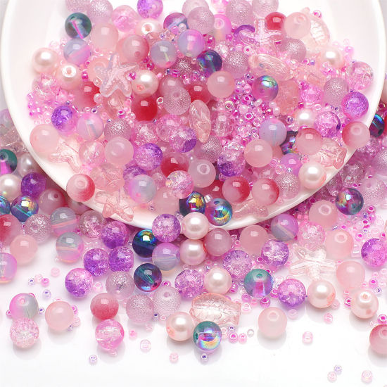 Picture of 1 Set Glass Ocean Jewelry Beads For DIY Charm Jewelry Making Mixed Pink Star Fish About 14x13mm - 2x1.5mm, Hole: Approx 1.4mm-0.5mm