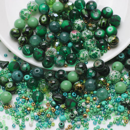 Immagine di 1 Serie (Circa 250 Pz/Serie) Vetro Kit di Perline Assortite Miste con Perline di Semi di Gioielli Fai-da-te Tondo Erba Verde Circa 8mm Dia - 2x1.5mm, Foro: Circa 1.4mm - 0.5mm